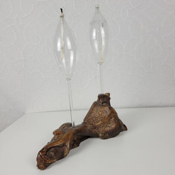 Vintage Burl Root Oil Candle Lamp Glass Lantern Wood Base Retro MCM Decor - Picture 12 of 16